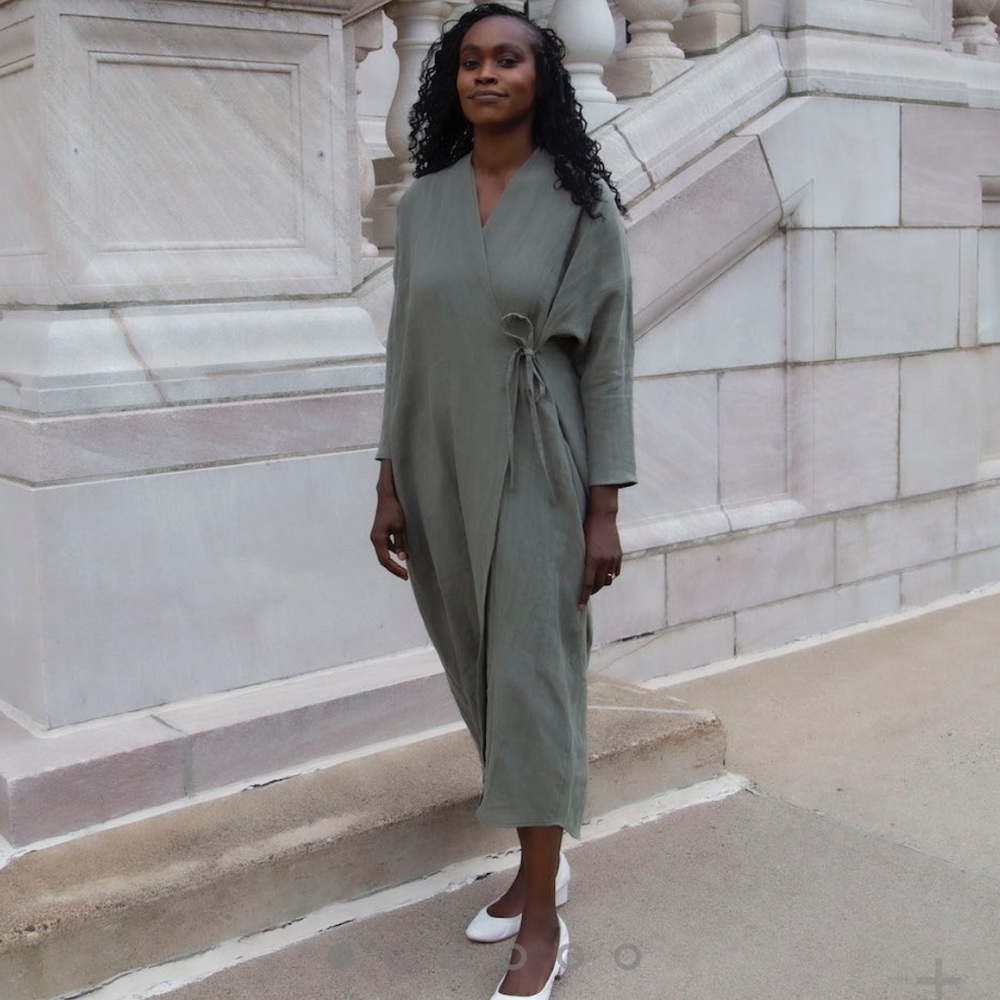 Hackwith Design House Gathered Wrap Dress in Moss